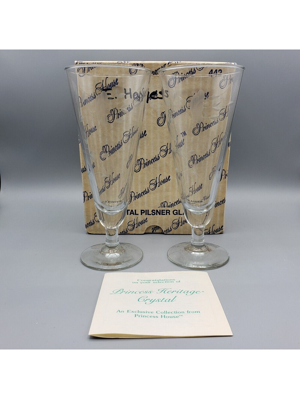 Vintage Princess House Heritage Crystal Pilsner Glasses Set of 2 In Box Beer Ale